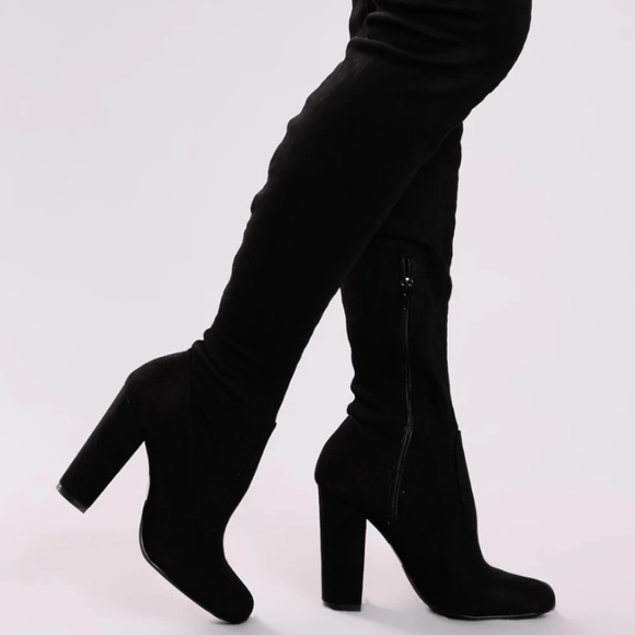 ✨ Black Faux Suede Thigh-High Drawstring Boots – 3¼" Heel ✨ - Picture 2 of 10